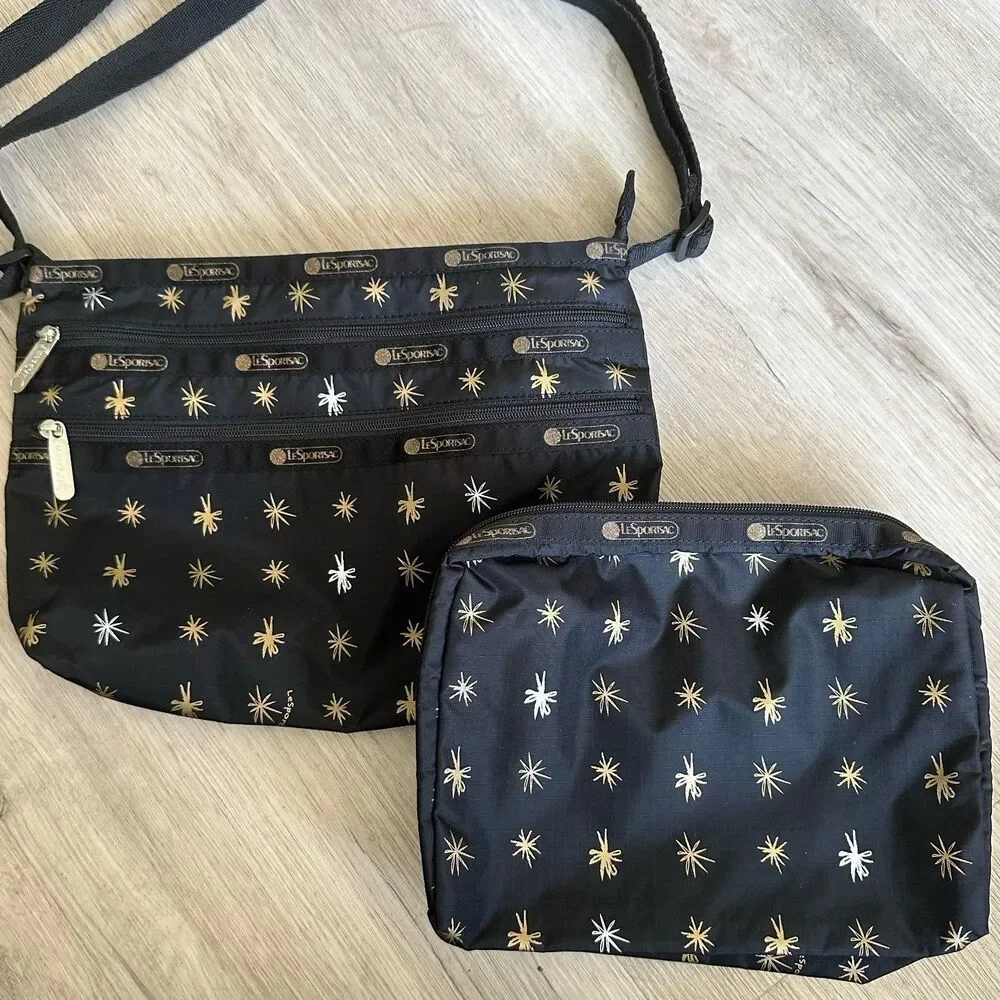 LeSportSac Crossbody Purse & Bag Set Starlet Print Black Metallic Freehand Stars - Picture 10 of 10